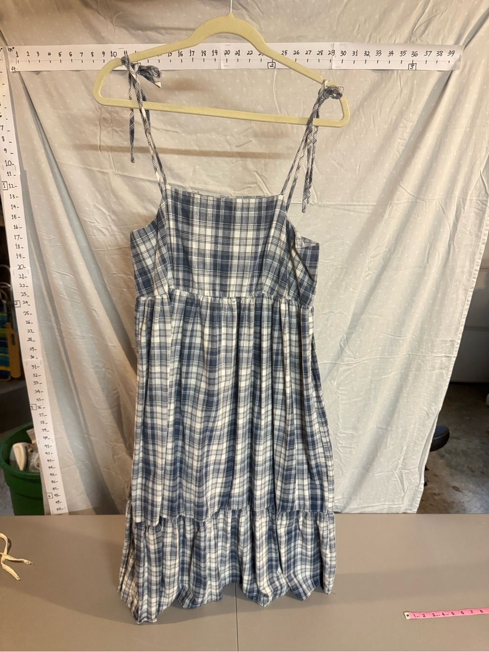 Anthropologie Blue and White Plaid Tie-Strap Dress
